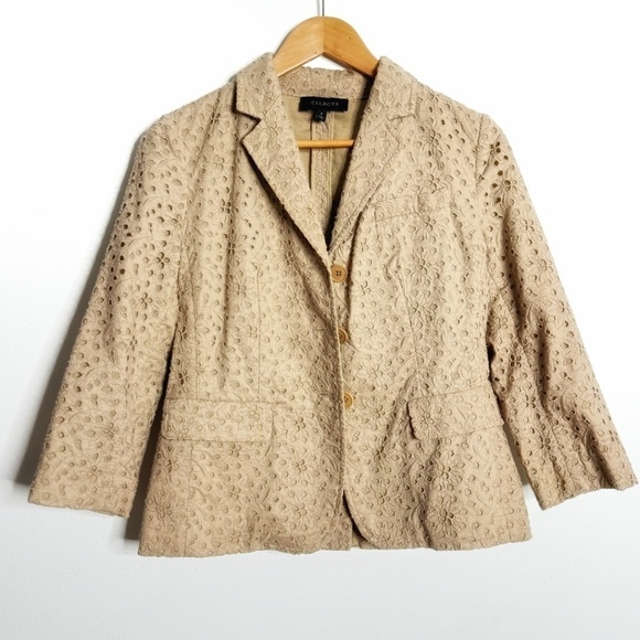 Talbots Lightweight Blazer Eyelet Detail 100% Cotton Button Front Jacket Taupe 6 - Picture 9 of 9